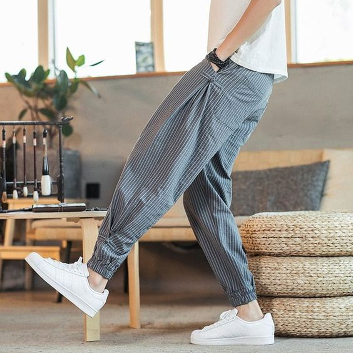 Men's Pants Loose Thin Grey Striped Jogger Breathable Casual Harem Pants