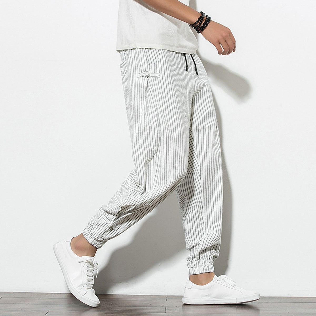 Men's Pants Loose Thin White Striped Jogger Breathable Casual Harem Pants