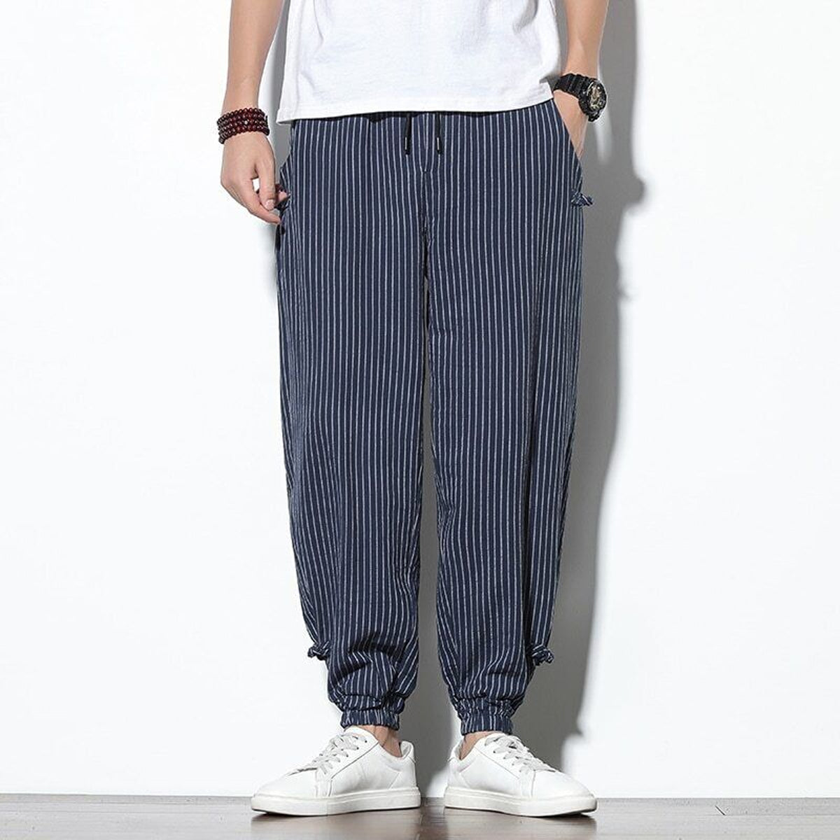 Men s Pants Loose Thin Blue White Striped Jogger Breathable Casual H Evalaxy