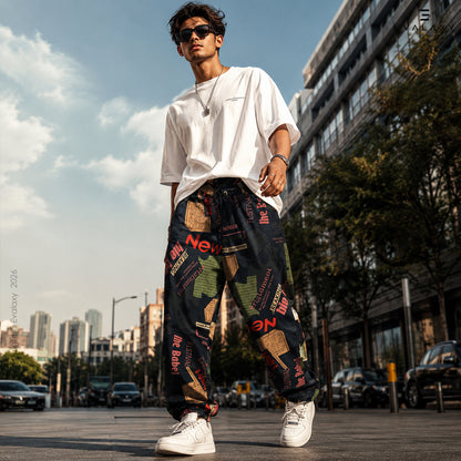 Loose Black News Text Jogger Breathable Casual Harem Pants For Men & Women