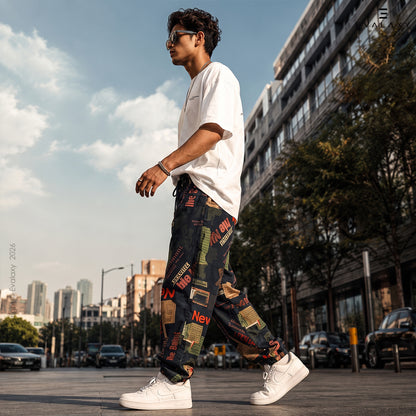 Loose Black News Text Jogger Breathable Casual Harem Pants For Men & Women