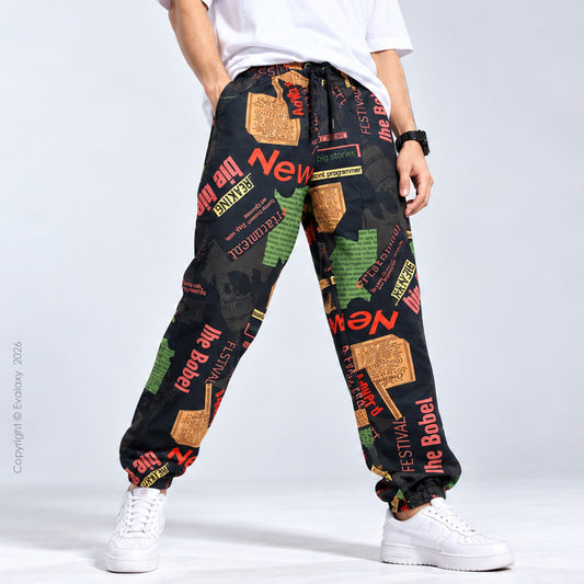 Loose Black News Text Jogger Breathable Casual Harem Pants For Men & Women