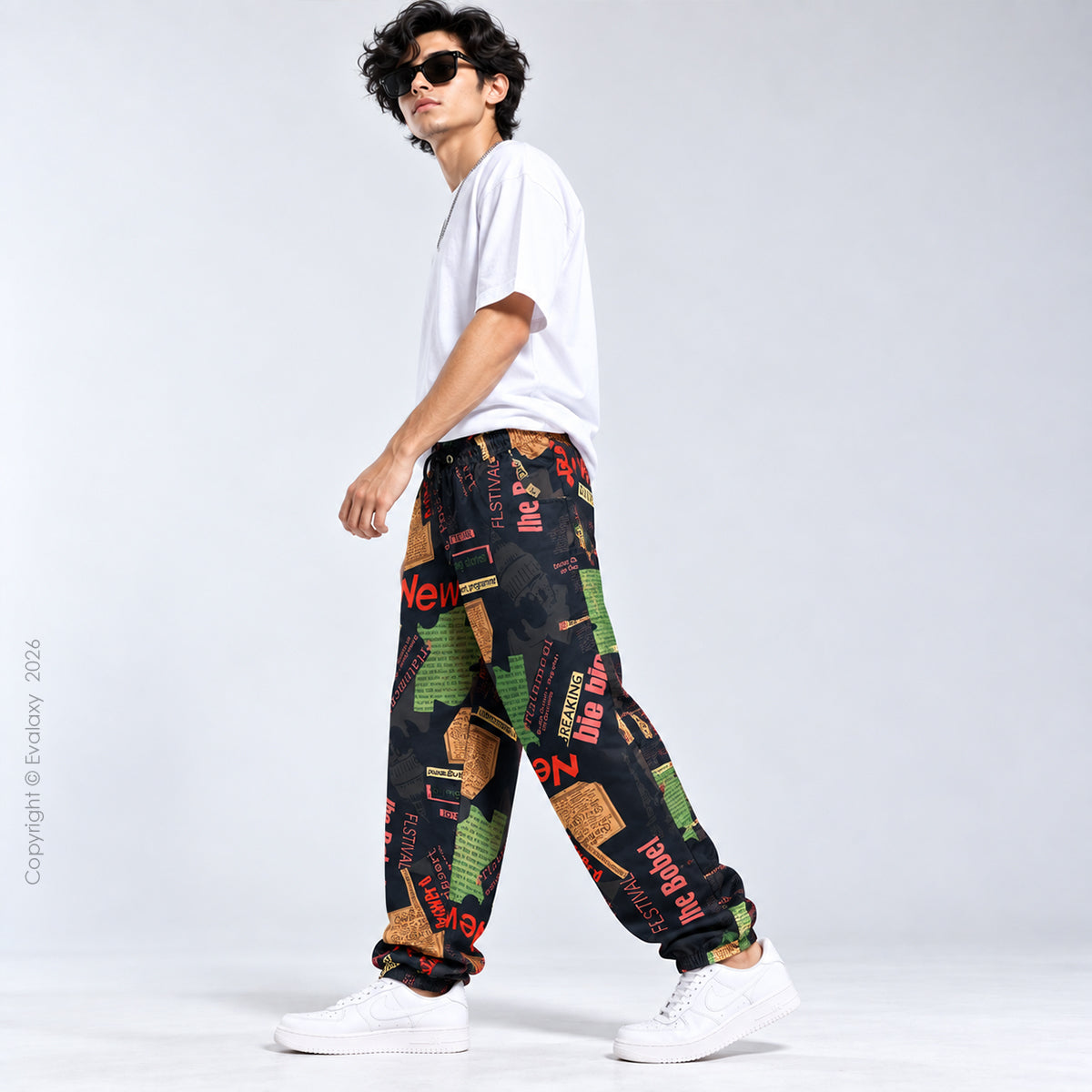 Loose Black News Text Jogger Breathable Casual Harem Pants For Men & Women