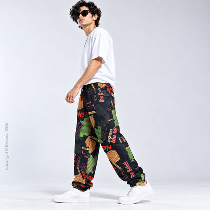 Loose Black News Text Jogger Breathable Casual Harem Pants For Men & Women