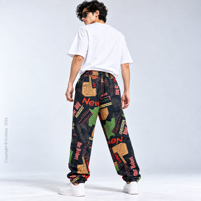 Loose Black News Text Jogger Breathable Casual Harem Pants For Men & Women
