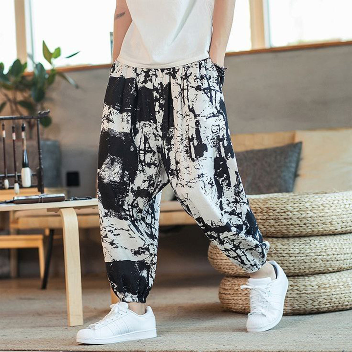 Men's Pants Loose Geomatric & Abstract Black n White Prints Jogger Breathable Casual Harem Combo (Pack of 2)