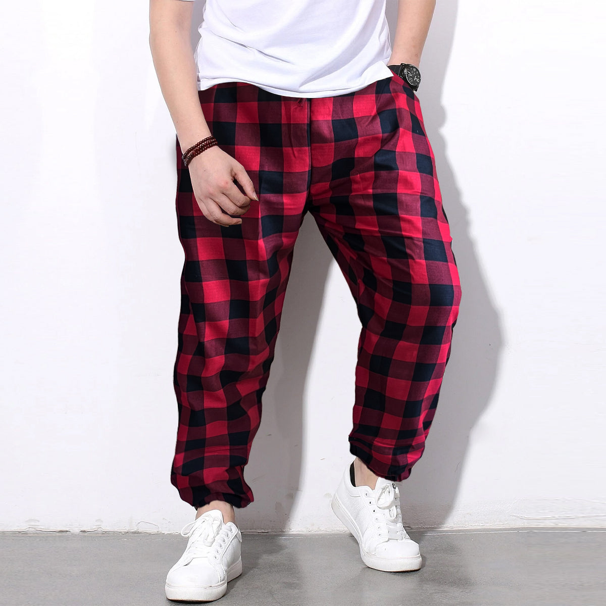 Red plaid track pants on sale mens