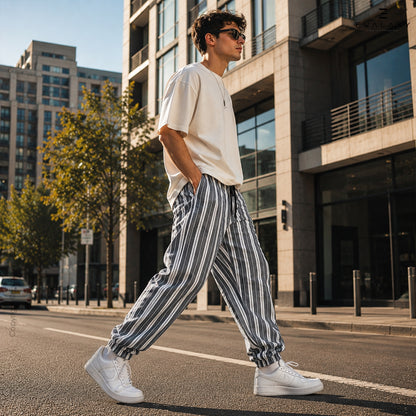 Men's Pants Loose Greyish Stripped Jogger Breathable Casual Harem Pants