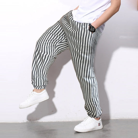 Men's Pants Loose Grey n White Stripped Jogger Breathable Casual Harem Pants