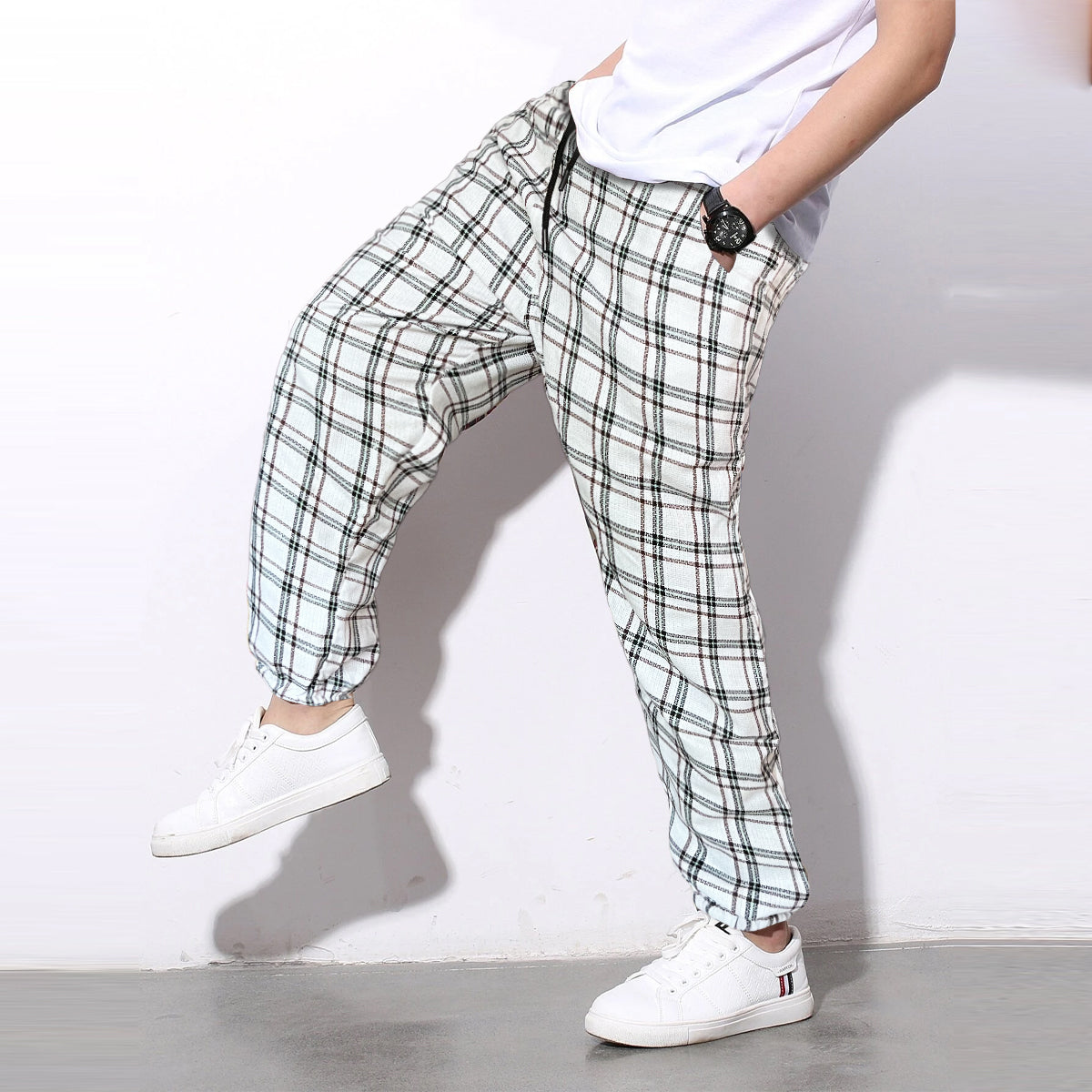 Loose White Checks Premium Jogger Breathable Casual Harem Pants