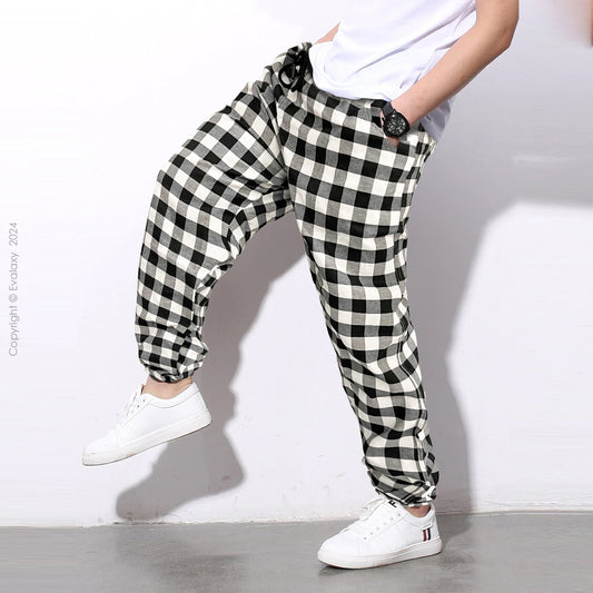 Black n Grey Plaid Loose Jogger Breathable Casual Harem Pants