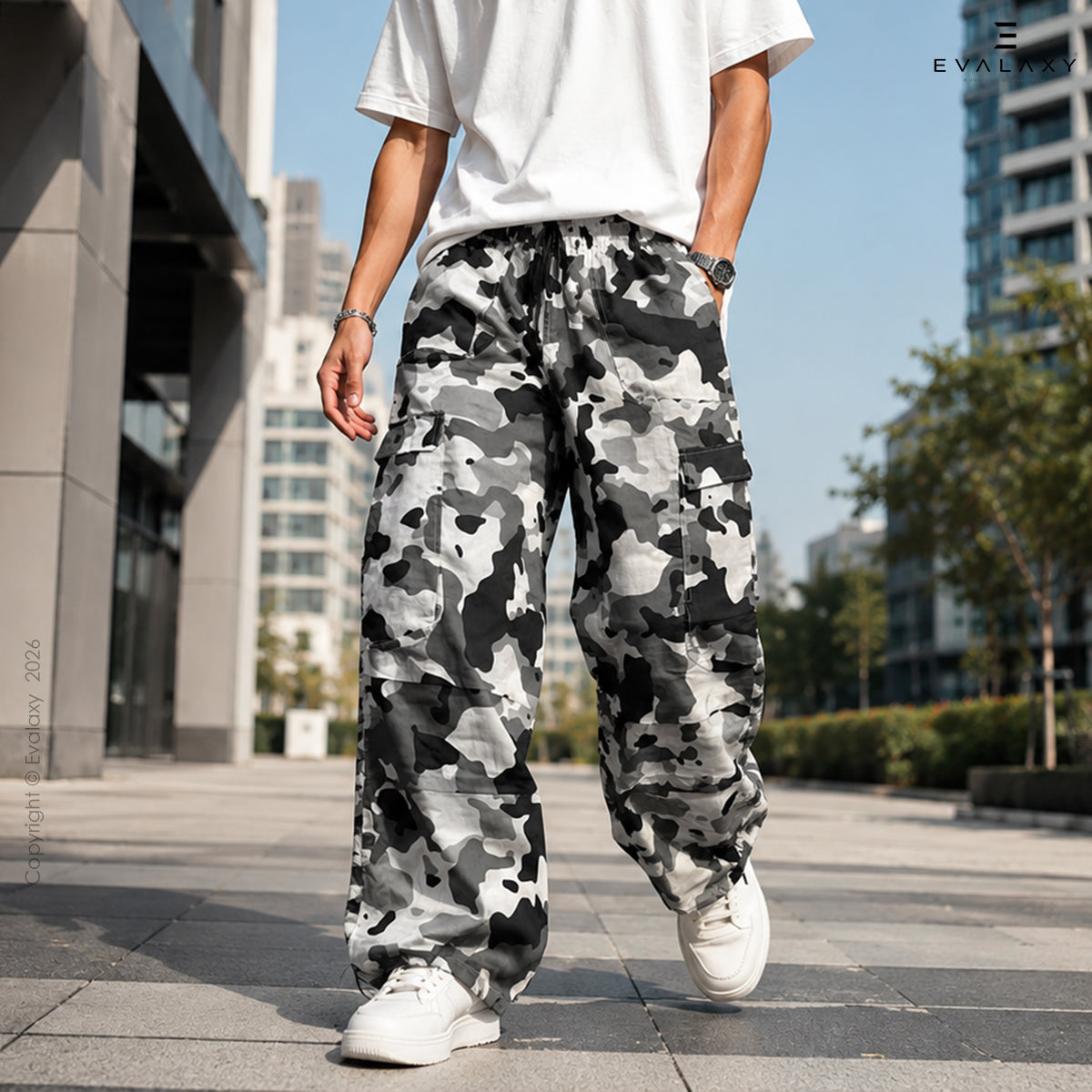 Unisex White Grey Camo Cargo Pants – Baggy Parachute Style for Men & Women