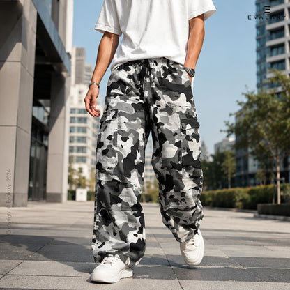 Unisex White Grey Camo Cargo Pants – Baggy Parachute Style for Men & Women