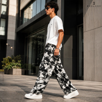 Unisex White Grey Camo Cargo Pants – Baggy Parachute Style for Men & Women