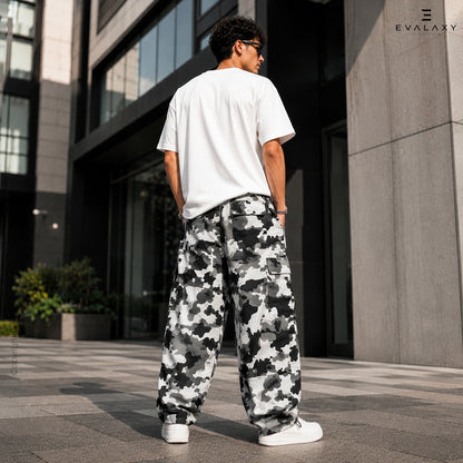 Unisex White Grey Camo Cargo Pants – Baggy Parachute Style for Men & Women