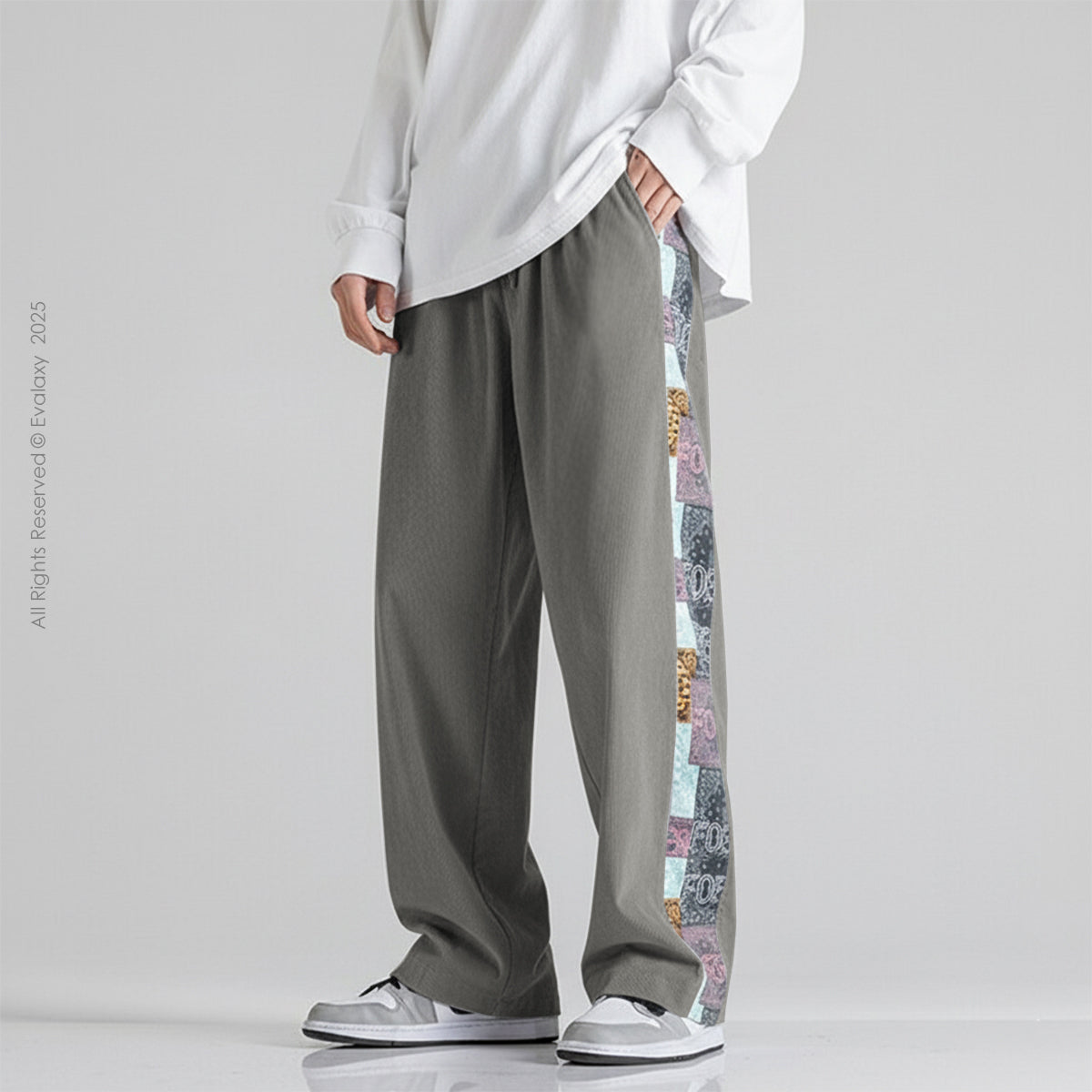 Grey Side Print Straight Relax-Fit Pants for Men & Women