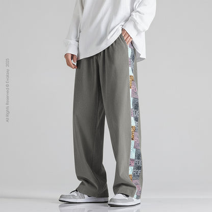 Grey Side Print Straight Relax-Fit Pants for Men & Women