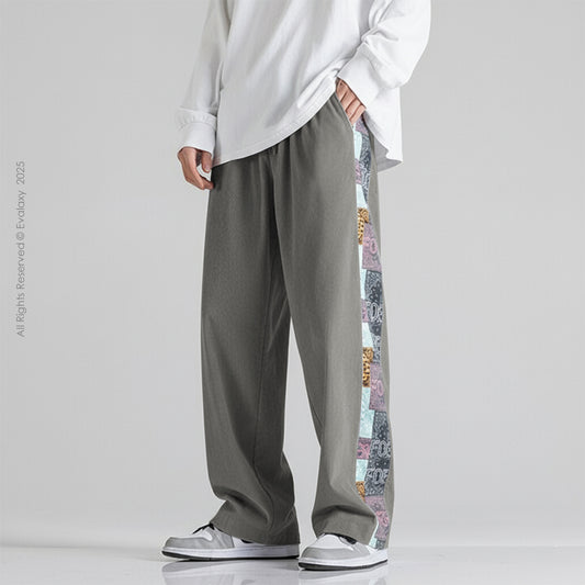 Grey Side Print Straight Relax-Fit Pants for Men & Women