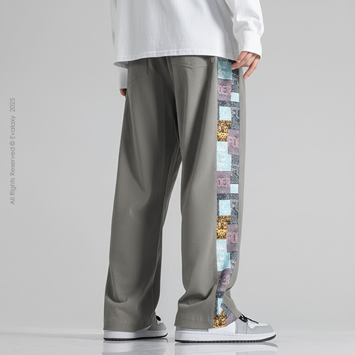 Grey Side Print Straight Relax-Fit Pants for Men & Women