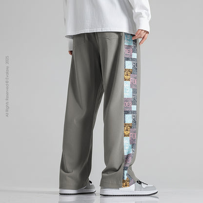 Grey Side Print Straight Relax-Fit Pants for Men & Women