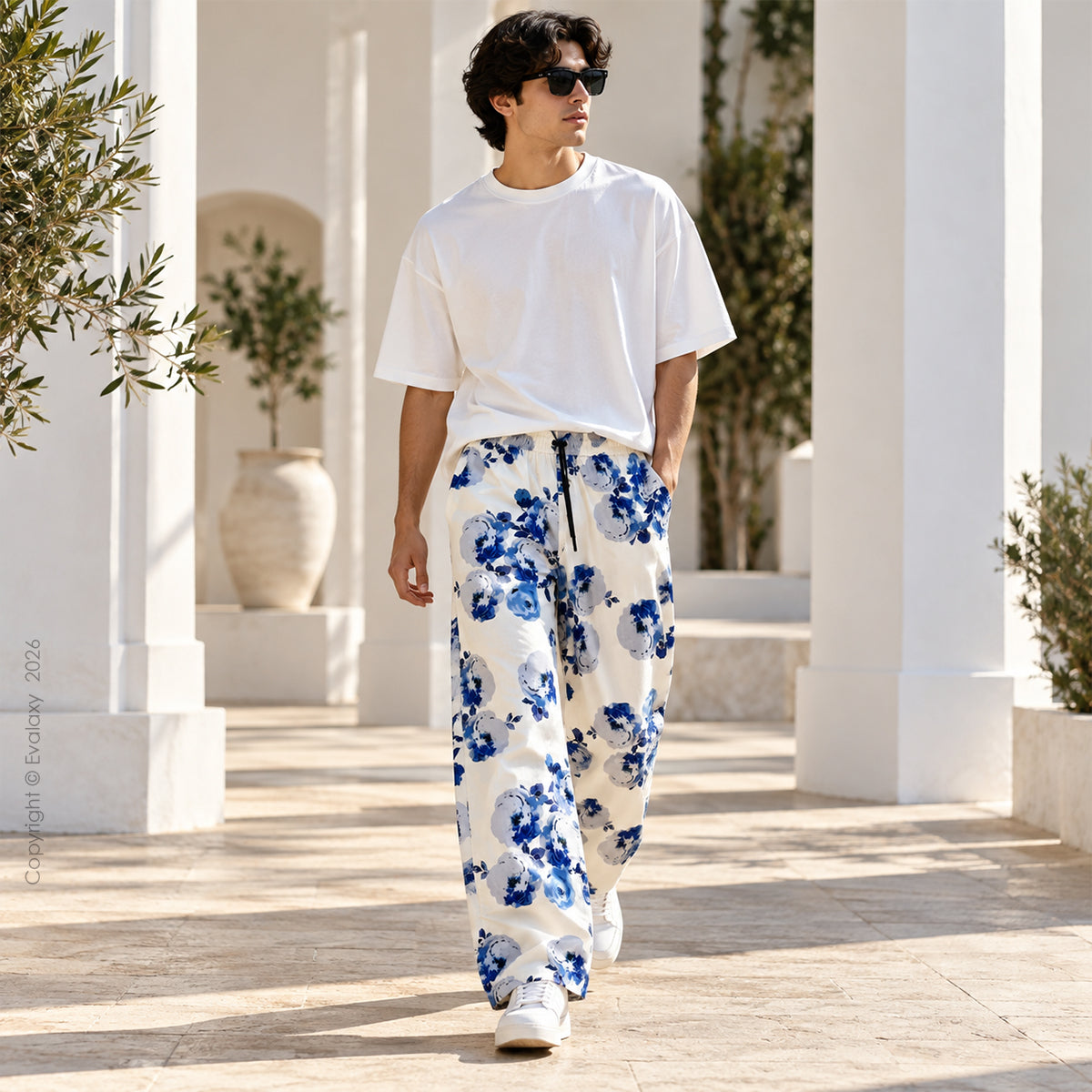 White Floral Straight Pants for Men & Women