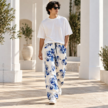 White Floral Straight Pants for Men & Women