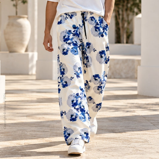 White Floral Straight Pants for Men & Women