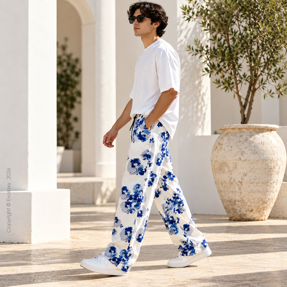 White Floral Straight Pants for Men & Women