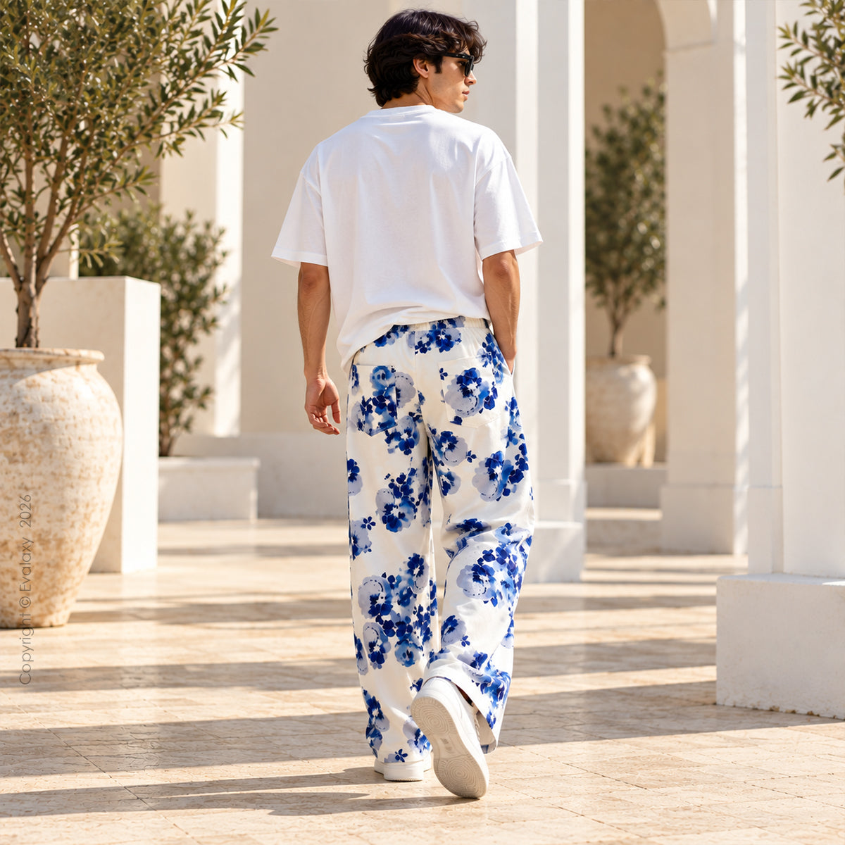 White Floral Straight Pants for Men & Women