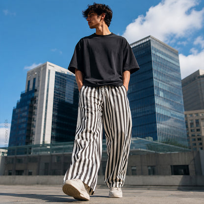 Dark Grey Stripped Straight Relax-Fit Pants for Men & Women