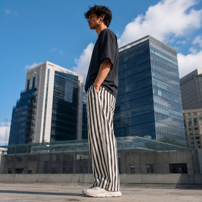 Dark Grey Stripped Straight Relax-Fit Pants for Men & Women