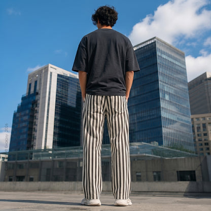 Dark Grey Stripped Straight Relax-Fit Pants for Men & Women