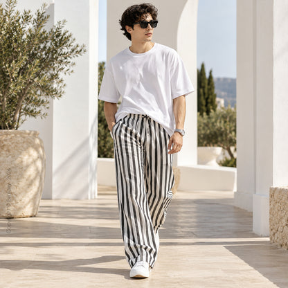 Dark Grey Stripped Straight Relax-Fit Pants for Men & Women