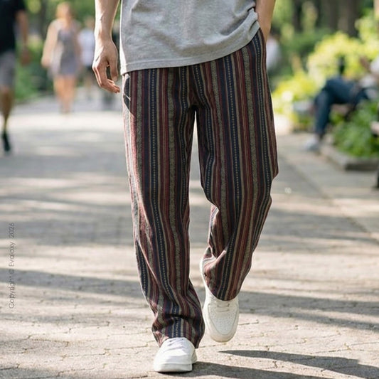Evalaxy Maroon Retro Stripe Casual Trousers for Men & Women