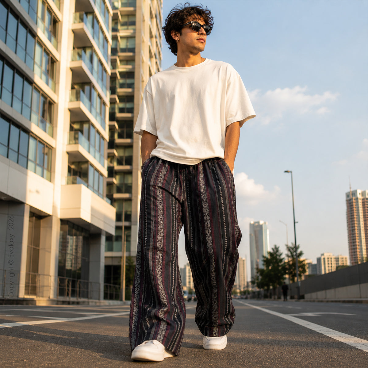 Evalaxy Maroon Retro Stripe Casual Trousers for Men & Women
