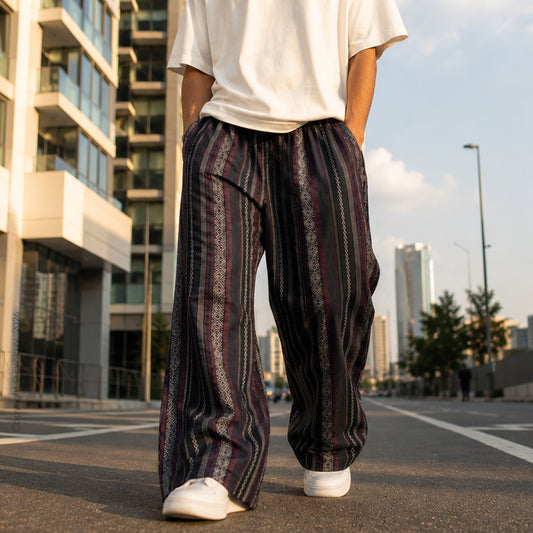 Evalaxy Maroon Retro Stripe Casual Trousers for Men & Women