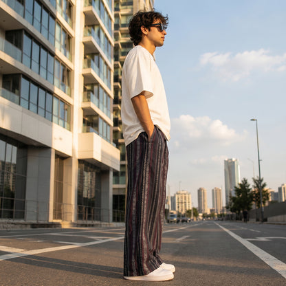 Evalaxy Maroon Retro Stripe Casual Trousers for Men & Women