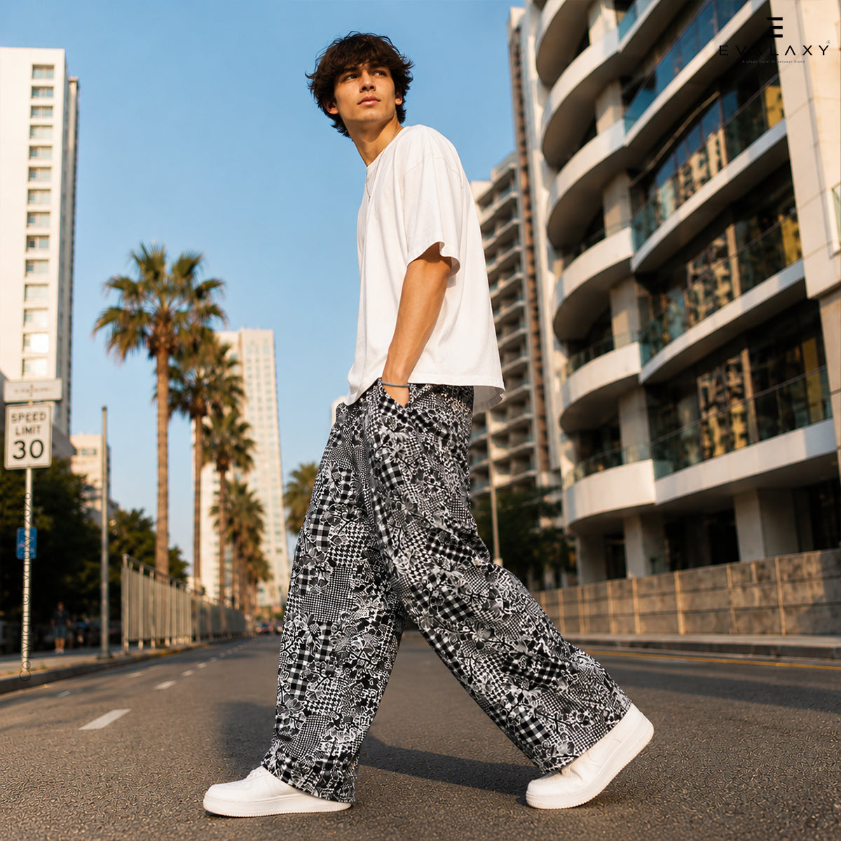 Evalaxy Monochrome Print Relaxed Fit Travel Pant for Men & Women