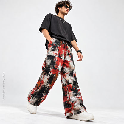 Crimson Chaos Abstract Wide-Leg Pants For Men And Women