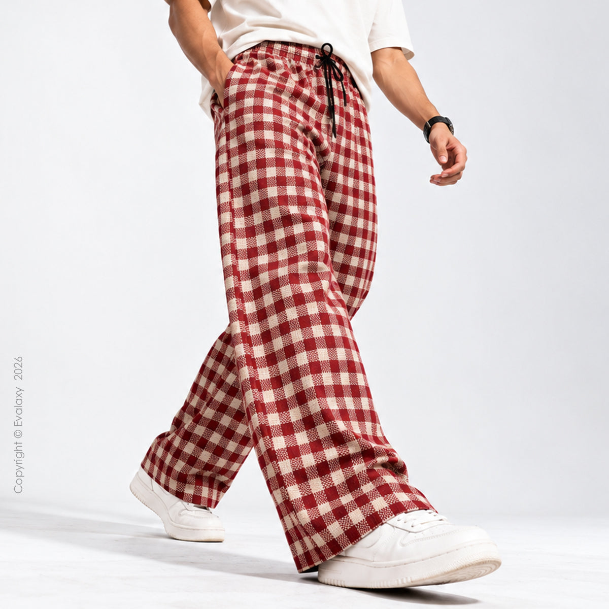 Crimson Checkered Wide-Leg Pants For Men And Women