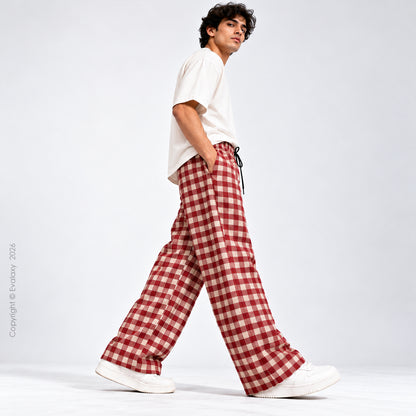 Crimson Checkered Wide-Leg Pants For Men And Women
