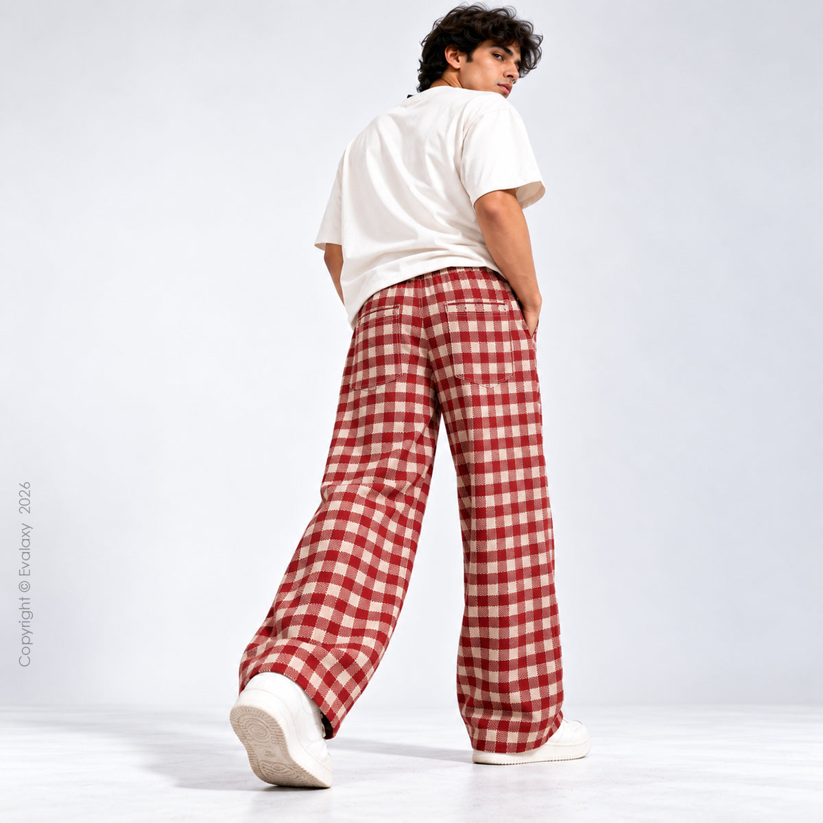 Crimson Checkered Wide-Leg Pants For Men And Women