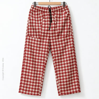 Crimson Checkered Wide-Leg Pants For Men And Women