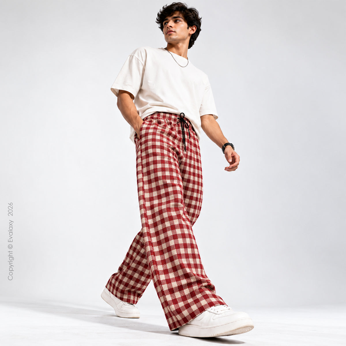 Crimson Checkered Wide-Leg Pants For Men And Women