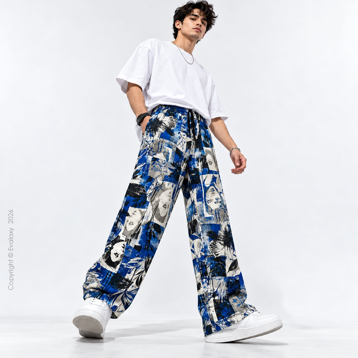 Royal Blue Abstract Art Printed Wide Leg Pants For Men And Women