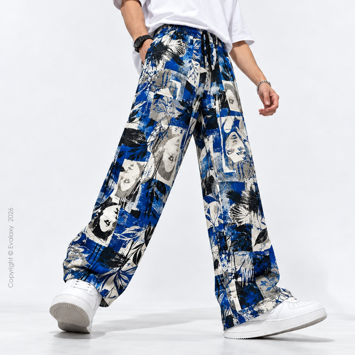 Royal Blue Abstract Art Printed Wide Leg Pants For Men And Women