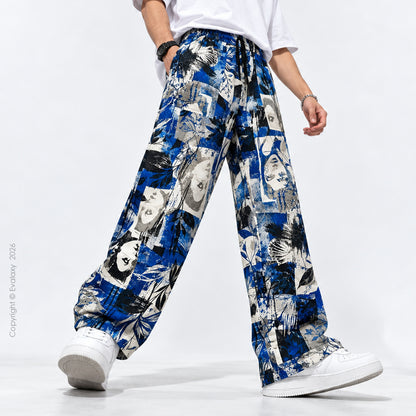Royal Blue Abstract Art Printed Wide Leg Pants For Men And Women