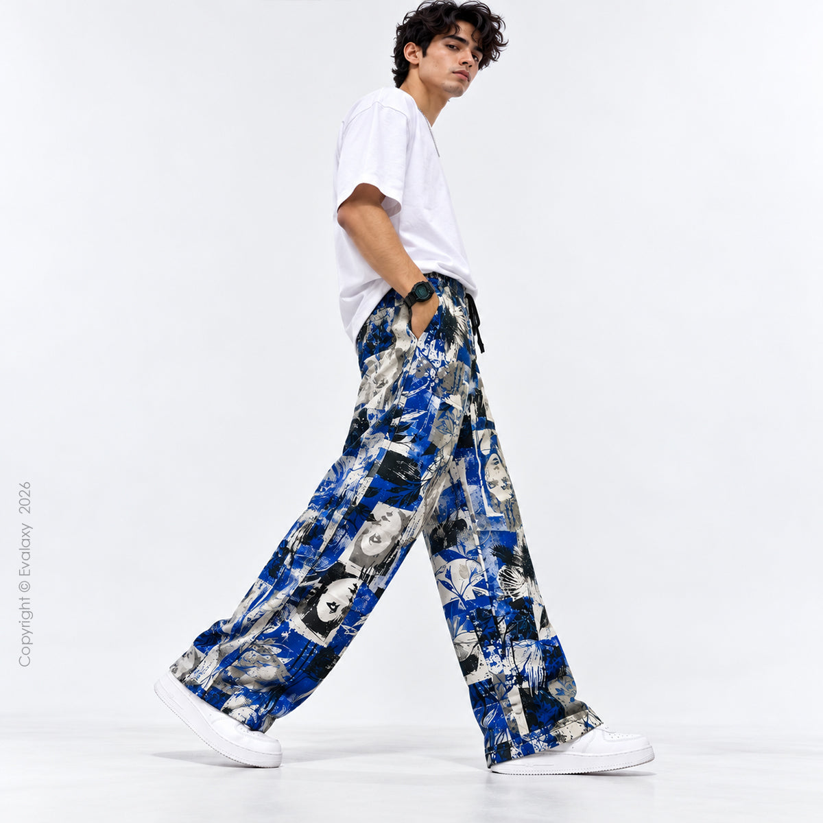 Royal Blue Abstract Art Printed Wide Leg Pants For Men And Women