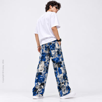 Royal Blue Abstract Art Printed Wide Leg Pants For Men And Women