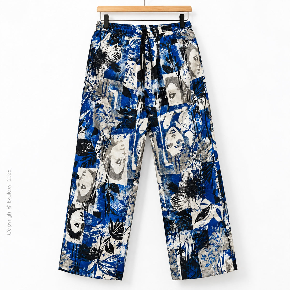 Royal Blue Abstract Art Printed Wide Leg Pants For Men And Women
